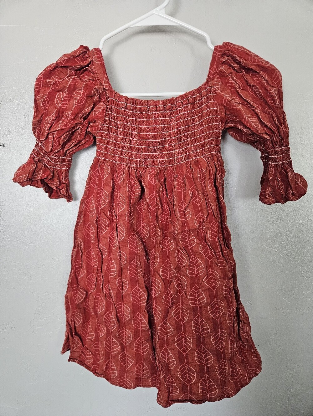 Pippa & Julie Girls 6 Smocked Red Orange Leaf Print Puff Sleeve Dress Boho Fall